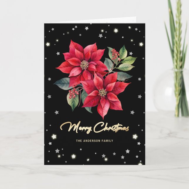 Elegant Black Poinsettia Photo Merry Christmas Holiday Card (Front)
