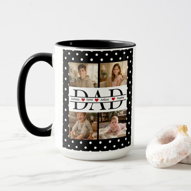 Elegant Black Polka Dot 4-Photo Custom Dad Gift Mug (With Donut)