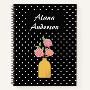 Elegant Black Polka Dot Floral Personalised Notebook