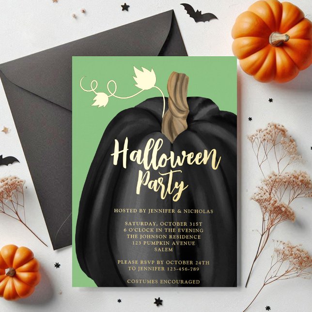 Elegant Black Pumpkin Halloween (Cute Green Gold Pumpkin Halloween Party Foil Invitation)