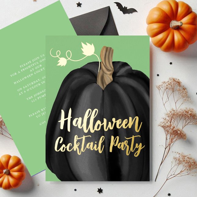 Elegant Black Pumpkin Halloween Cocktail  (Green Gold Pumpkin Halloween Cocktail Party Foil Invitation)