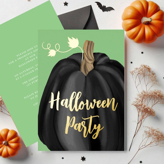 Elegant Black Pumpkin Halloween Gold (Green Gold Script Pumpkin Halloween Party Foil Foil Invitation)