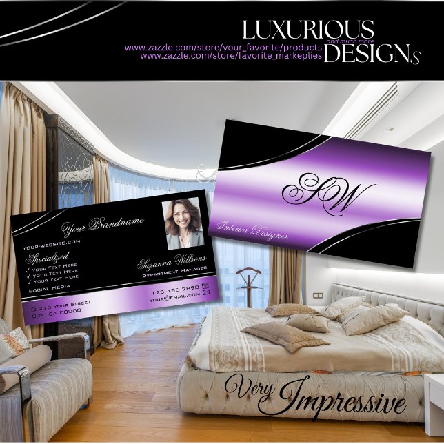 Elegant Black Purple Curved Lines Monogram Photo Business Card (Creator Uploaded)