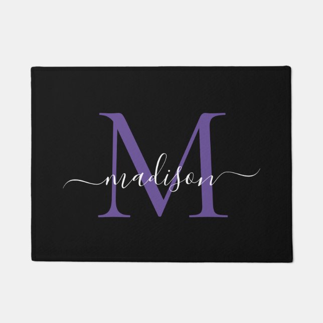 Elegant Black Purple Custom Monogram Script Name Doormat (Front)