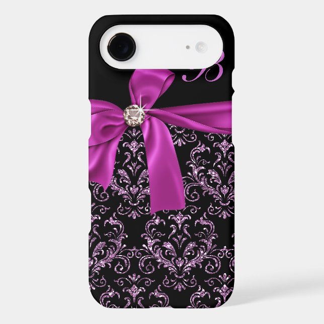 Elegant Black Purple Damask Diamond Bow Monogram Case-Mate iPhone Case (Back)