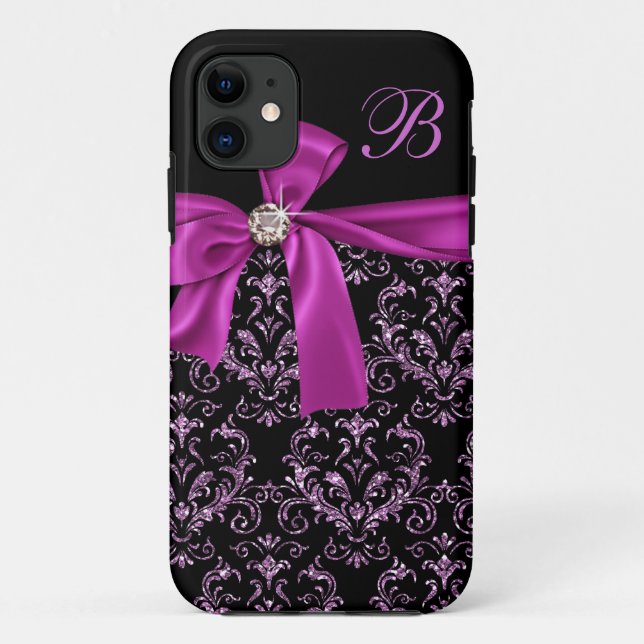 Elegant Black Purple Damask Diamond Bow Monogram Case-Mate iPhone Case (Back)