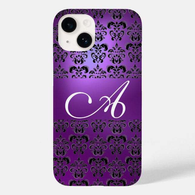 ELEGANT BLACK PURPLE DAMASK MONOGRAM Case-Mate iPhone CASE (Back)