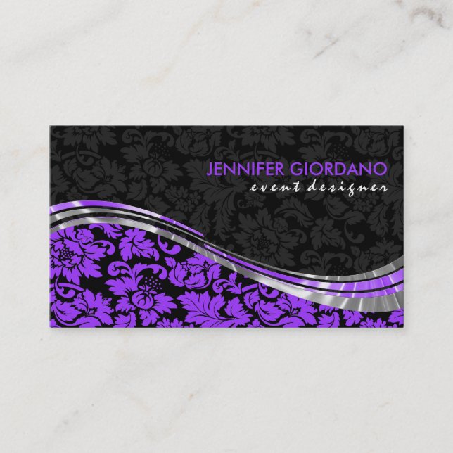 Elegant Black & Purple Damasks With Silver Accents Business Card (Front)