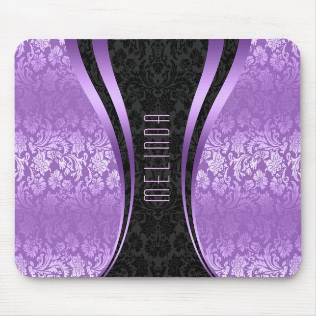 Elegant Black & Purple Floral Damasks Mouse Mat (Front)