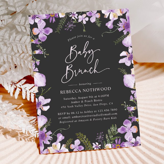 Elegant Black Purple Floral Garden Baby Brunch Invitation (Creator Uploaded)