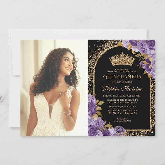 Elegant Black Purple Gold Floral Photo Quinceanera Invitation (Front)