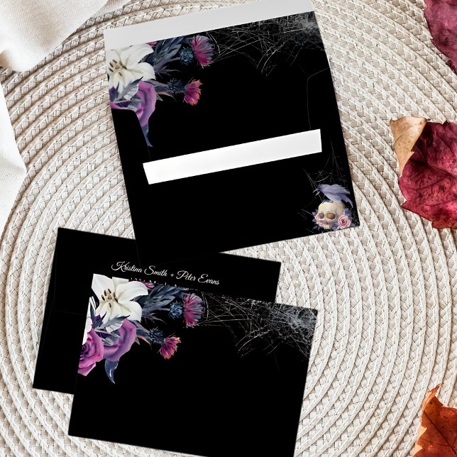 Elegant Black Purple Gothic Floral Skull Wedding Envelope (Creator Uploaded)