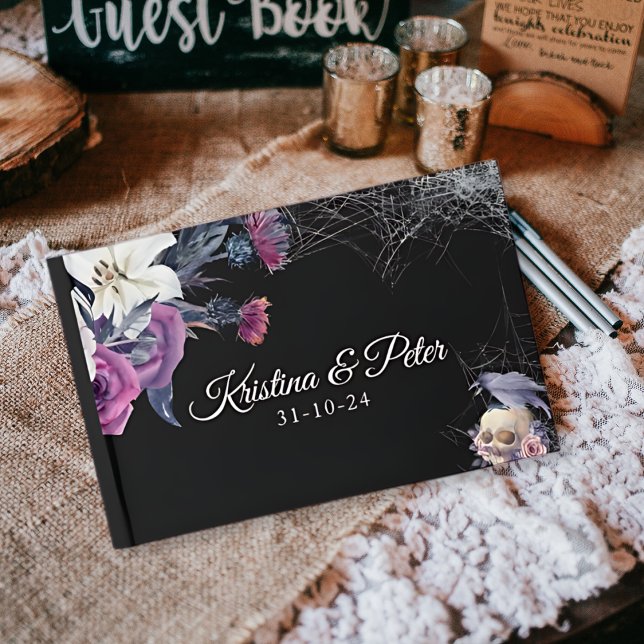 Elegant Black Purple Gothic Floral Skull Wedding Guest Book (Creator Uploaded)