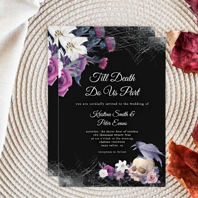 Elegant Black Purple Gothic Floral Skull Wedding Invitation (Creator Uploaded)