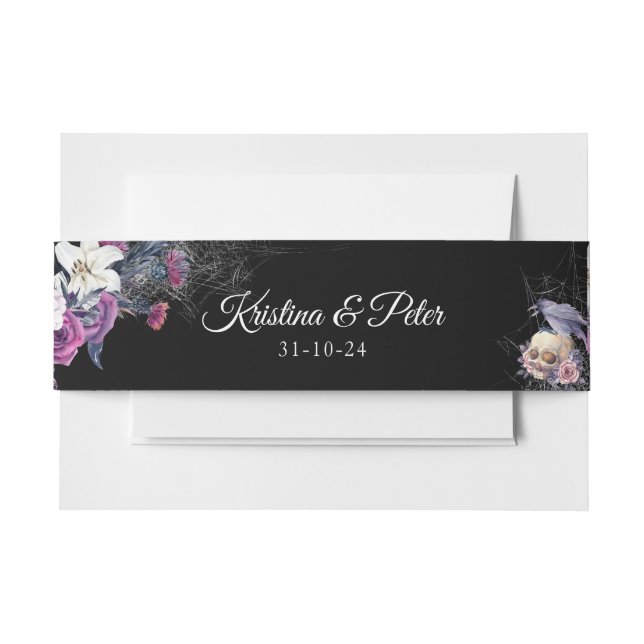 Elegant Black Purple Gothic Floral Skull Wedding Invitation Belly Band (Front Example)