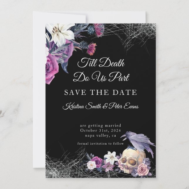 Elegant Black Purple Gothic Floral Skull Wedding Save The Date (Front)