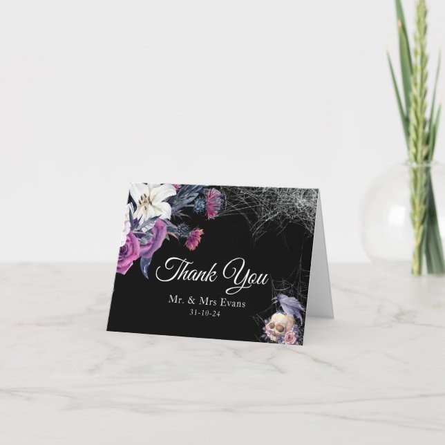 Elegant Black Purple Gothic Floral Skull Wedding Thank You Card (Front)