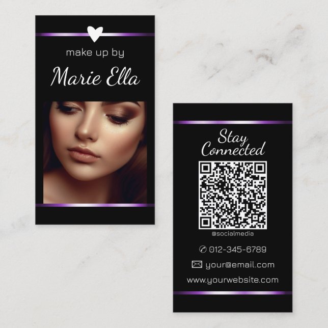 Elegant Black Purple Heart Photo QR Code Template  Business Card (Front/Back)