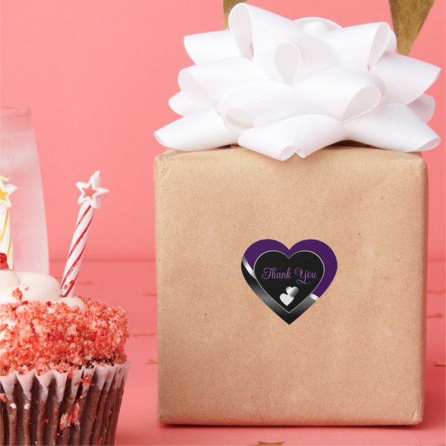 Elegant Black Purple Hearts Wavy Silver Thank You Heart Sticker (Party)