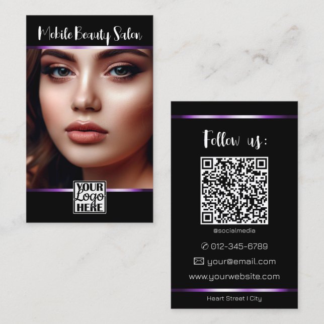 Elegant Black Purple Logo Photo QR Code Template  Business Card (Front/Back)