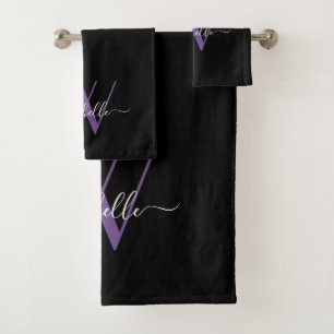 Elegant Black Purple Monogram Name Script Bath Towel Set