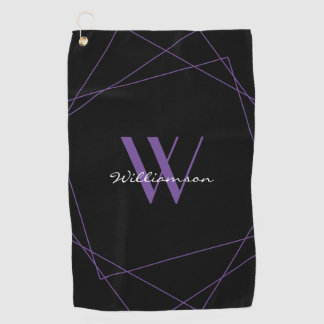 Elegant Black Purple Monogram Name Script Golf Towel