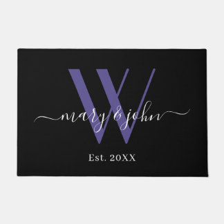 Elegant Black Purple Monogram Names Script Wedding Doormat