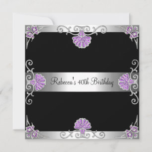 Elegant Black Purple Silver Jewel 40th Birthday Invitation