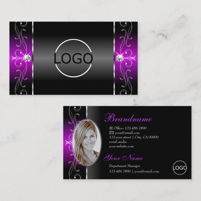 Elegant Black Purple Squiggled Jewels Logo & Photo Business Card (Front/Back)