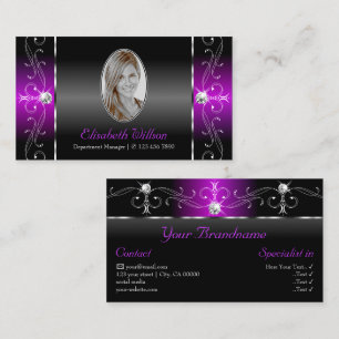 Elegant Black Purple Squiggled Jewels with Photo Business Card