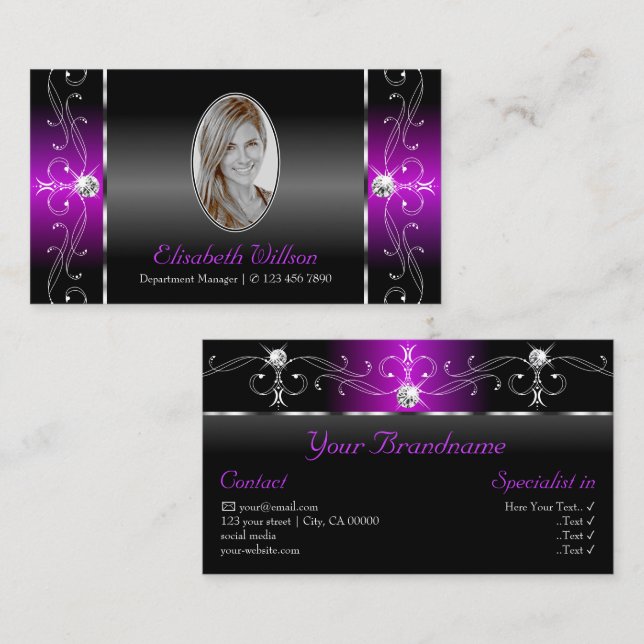 Elegant Black Purple Squiggled Jewels with Photo Business Card (Front/Back)