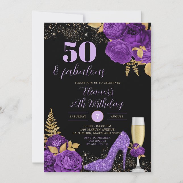 Elegant Black Purple Stiletto Heel Floral Birthday Invitation (Front)