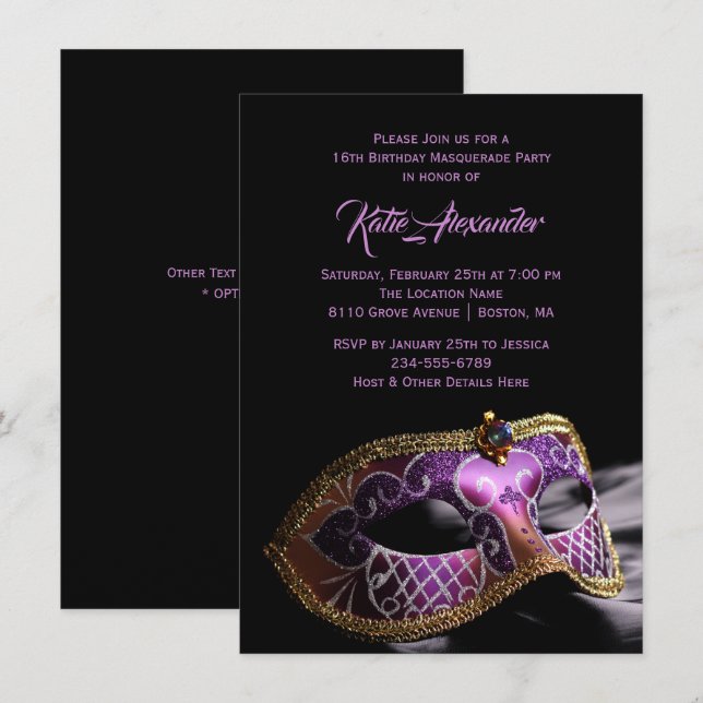 Elegant Black Purple Sweet 16 Masquerade Party Invitation (Front/Back)
