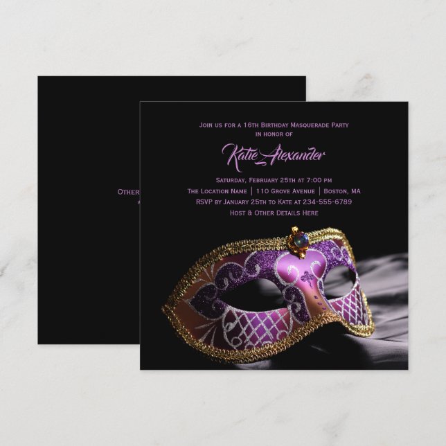 Elegant Black Purple Sweet 16 Masquerade Party Invitation (Front/Back)