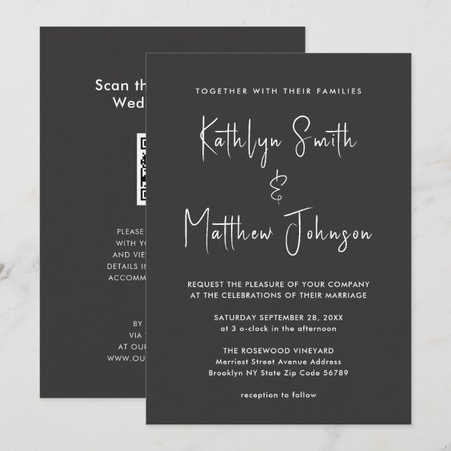 Elegant Black QR Code All In One Modern Wedding Invitation (Front/Back)
