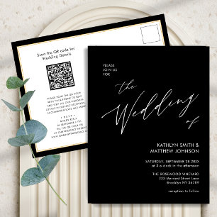 Elegant Black QR Code All In One Modern Wedding Invitation Postcard