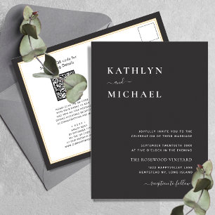 Elegant Black QR Code All In One Modern Wedding Invitation Postcard