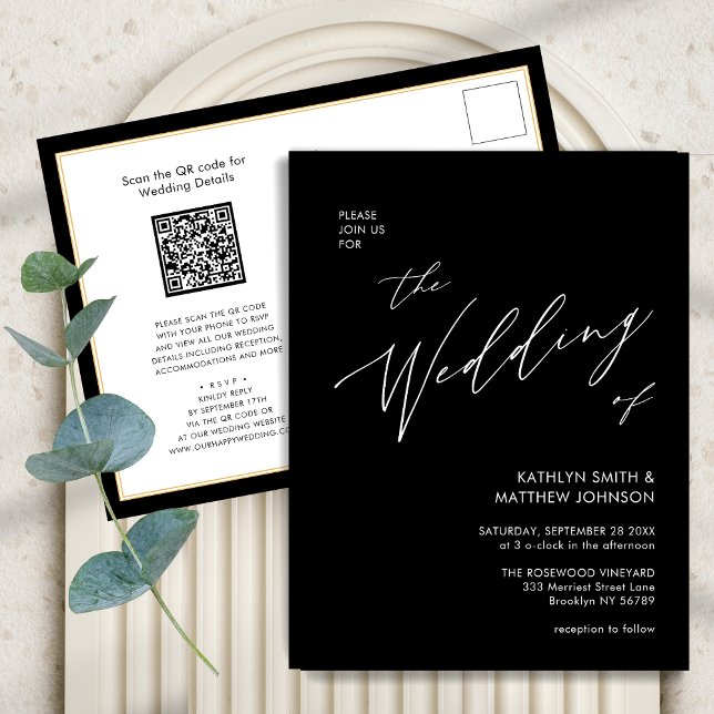 Elegant Black QR Code All In One Modern Wedding Invitation Postcard (Creator Uploaded)