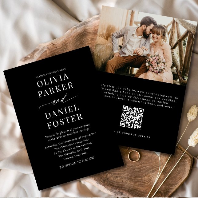 Elegant Black QR Code Classic Photo Wedding Invitation (Creator Uploaded)