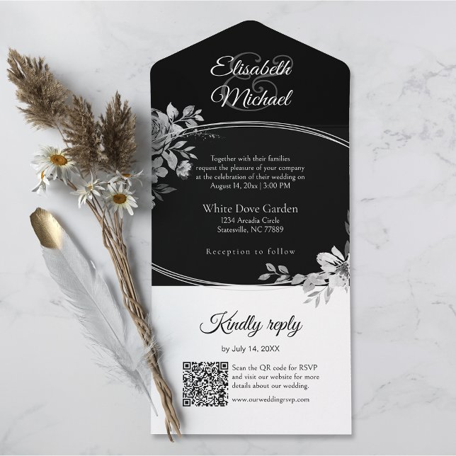 Elegant Black QR Code Floral Monogram Wedding RSVP All In One Invitation (All-in-one wedding invitation with QR code to RSVP - Simplify and save time for you and your guests.)