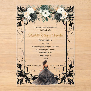 Elegant Black Quinceañera Floral Acrylic Invitations