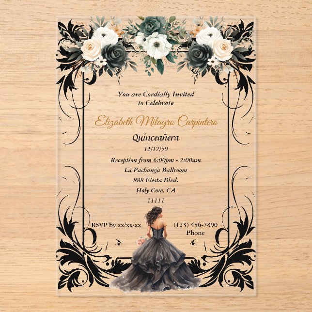 Elegant Black Quinceañera Floral Acrylic Invitations (Front)