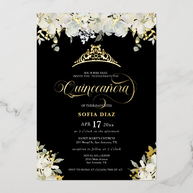 Elegant Black Quinceañera Floral Gold (Front)