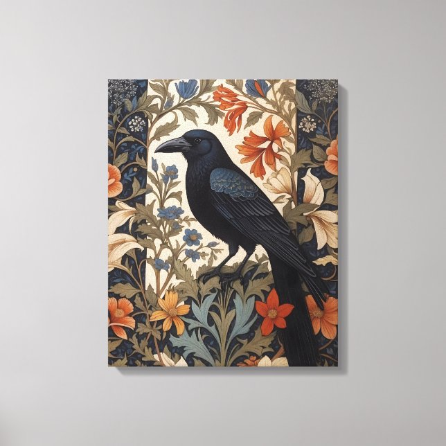 Elegant Black Raven William Morris Inspired Floral Canvas Print (Front)