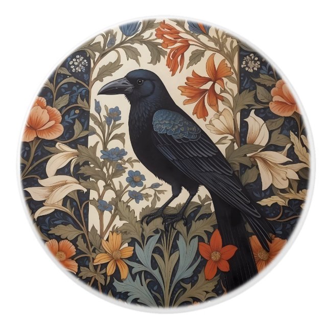 Elegant Black Raven William Morris Inspired Floral Ceramic Knob (Front)