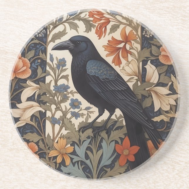 Elegant Black Raven William Morris Inspired Floral Coaster (Front)