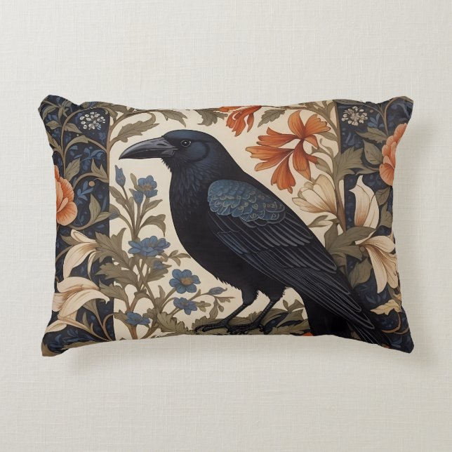 Elegant Black Raven William Morris Inspired Floral Decorative Cushion (Front)