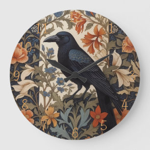 Elegant Black Raven William Morris Inspired Floral Large Clock