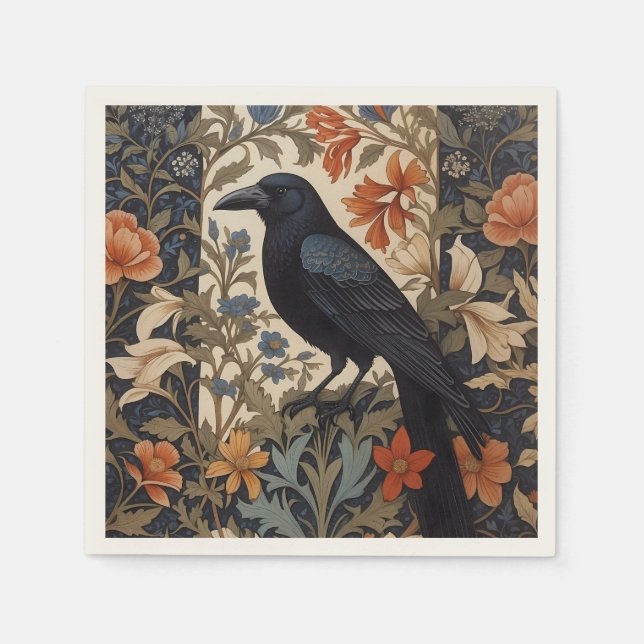 Elegant Black Raven William Morris Inspired Floral Napkin (Front)