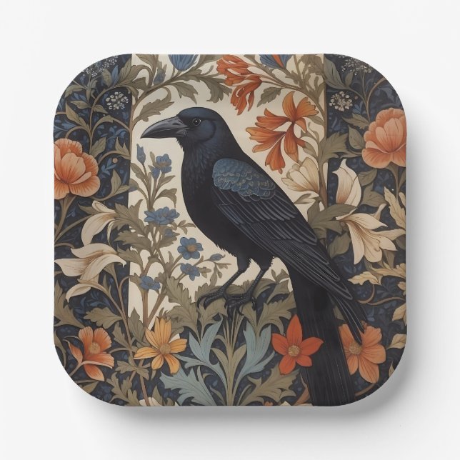 Elegant Black Raven William Morris Inspired Floral Paper Plate (Front)